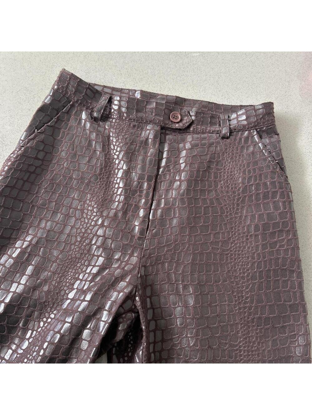 90s maroon-brown faux leather trousers with a crocodile print
